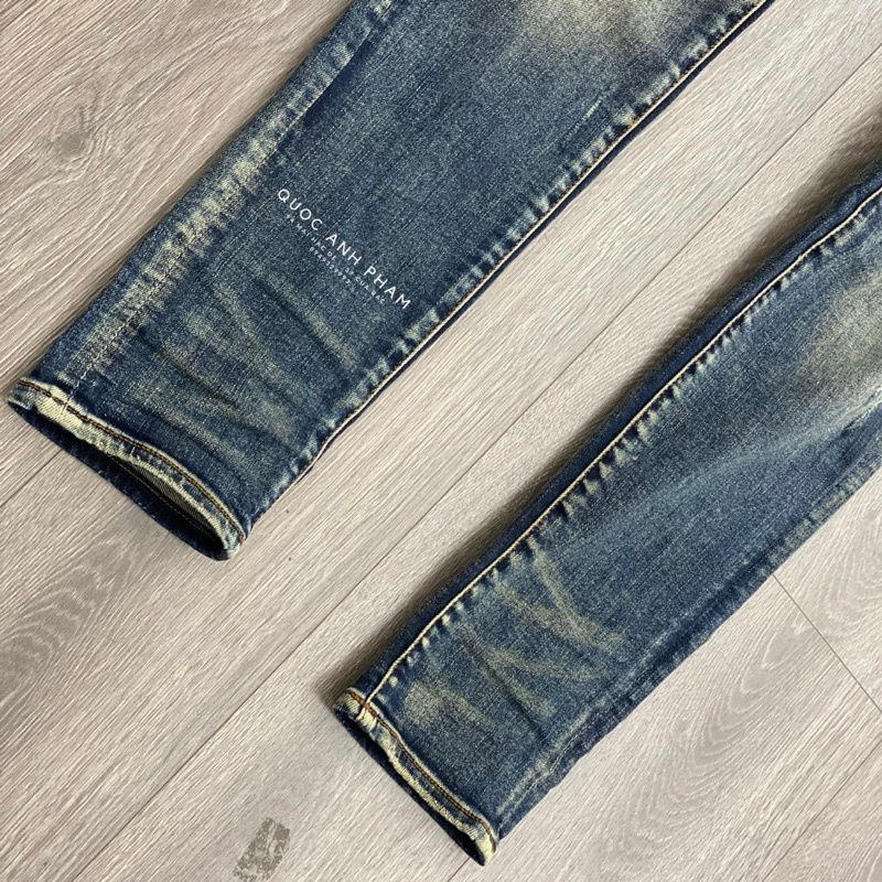 Quần jean bò nam skinny Amiri likeauth xanh thẫm mài rách xù đùi gối vá da nhăn gân đen cứng 4 cúc ống xếp sóng  014