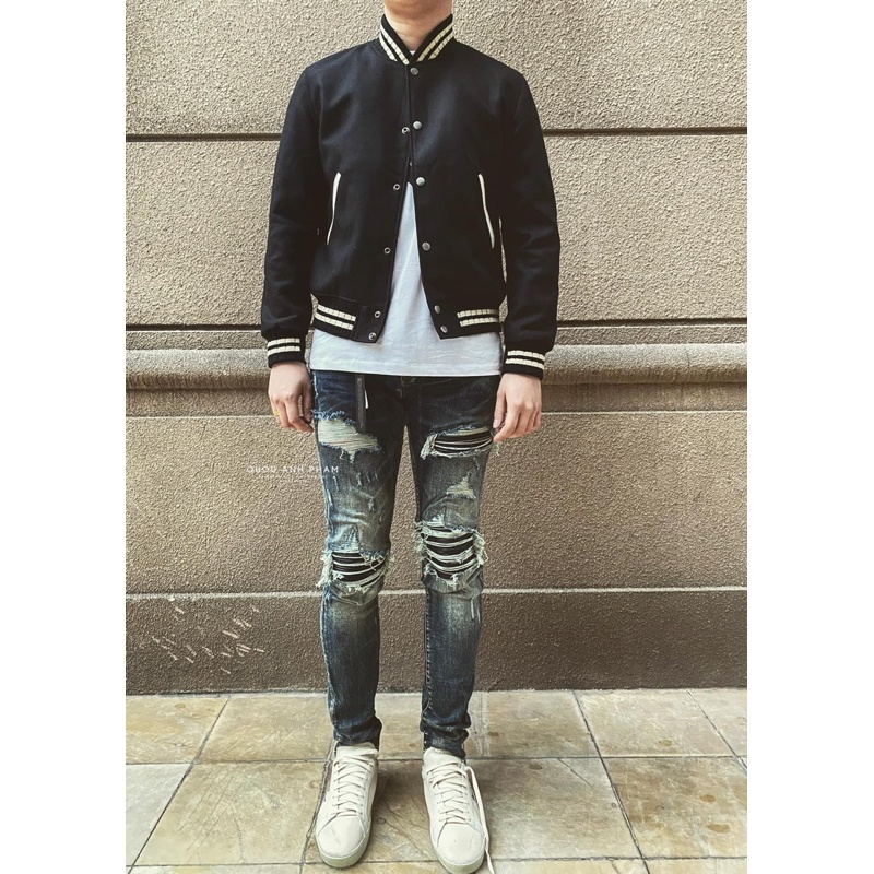 Quần jean bò nam skinny Amiri likeauth xanh thẫm mài rách xù đùi gối vá da nhăn gân đen cứng 4 cúc ống xếp sóng  014