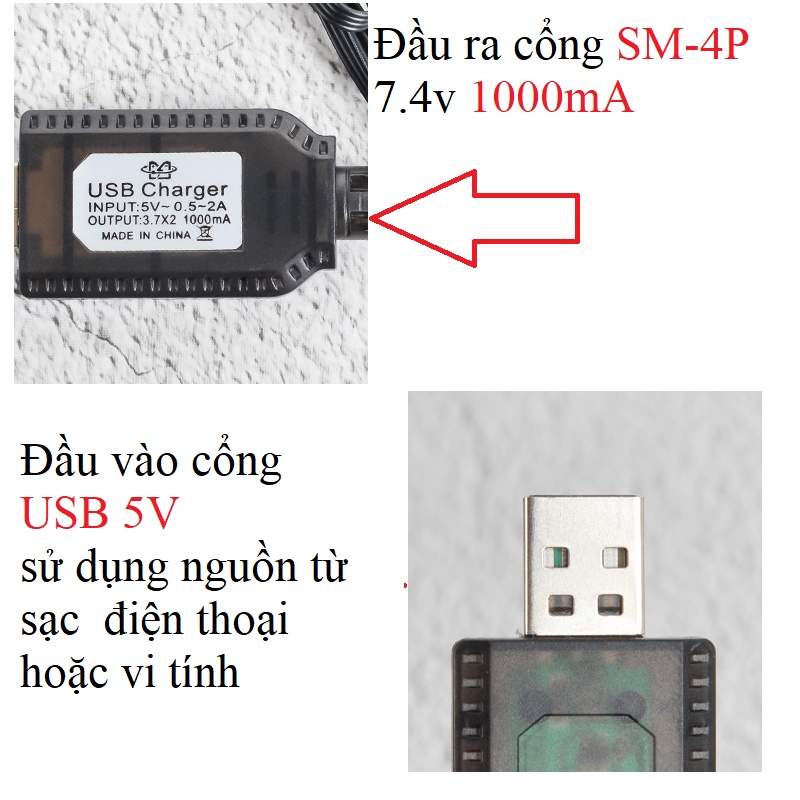 Dây sạc pin 2S 7.4v 1000mA cổng nối SM-4P dùng sạc pin cho xe mô hình điều khiển từ xa