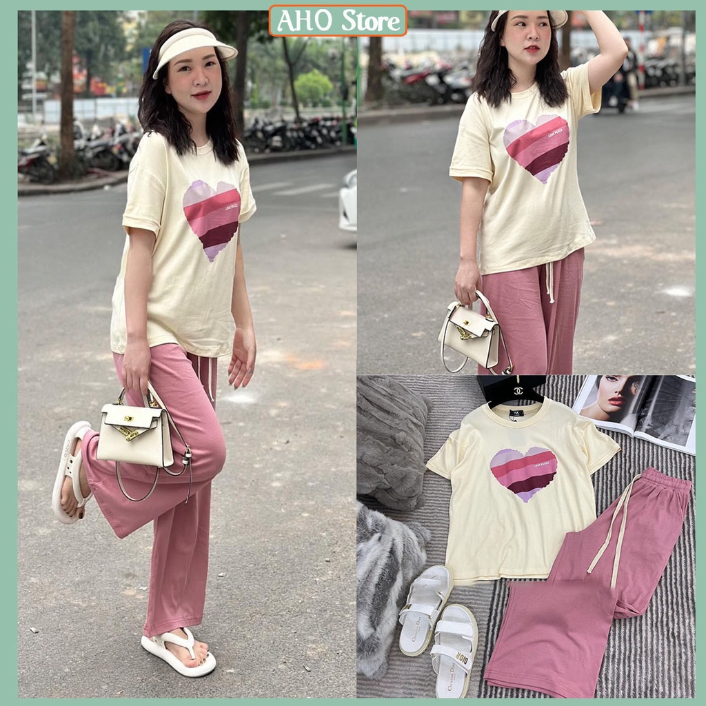 Bộ Đồ Nữ Áo Phông Nữ In hình Trái Tim Hồng Tím Mix Quần Suông Ống Rộng Màu Hồng Freesize