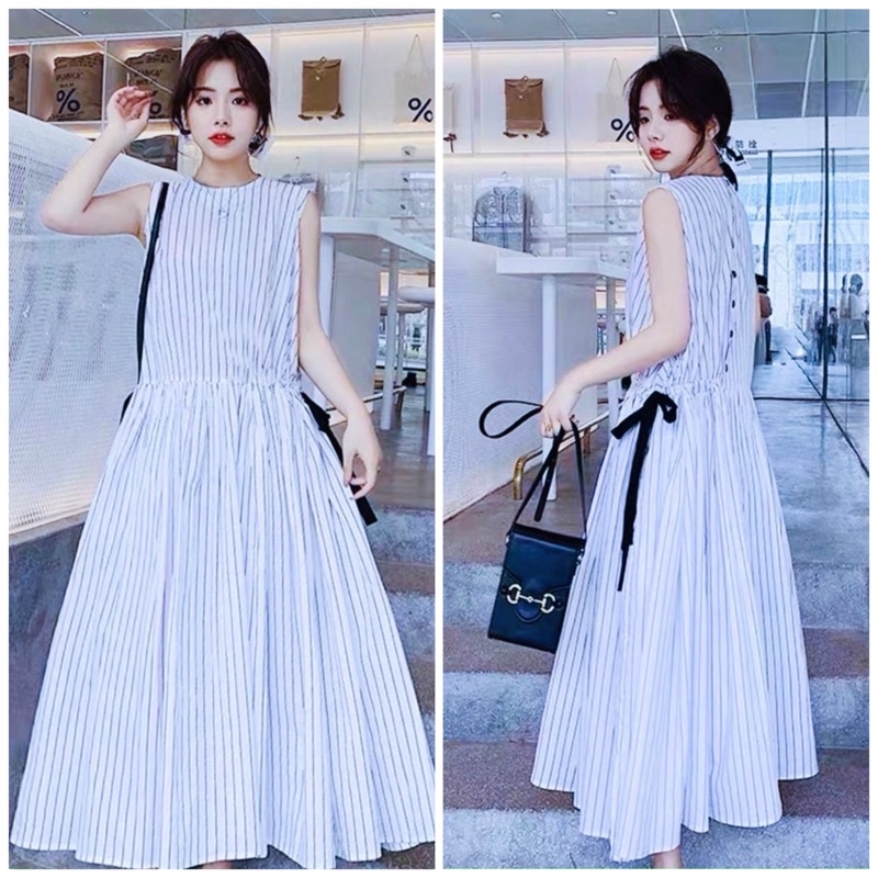 Đầm sọc xanh rút eo (kèm hình thật)