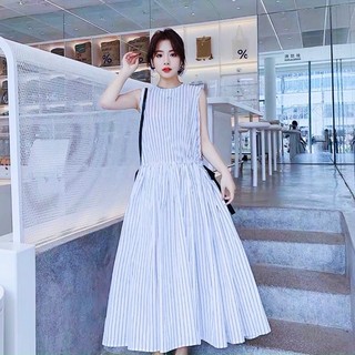 Đầm sọc xanh rút eo (kèm hình thật)