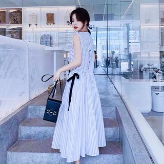 Đầm sọc xanh rút eo (kèm hình thật)