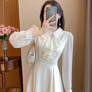 Đầm Tiểu Thư Tay Dài Trắng Kem Cổ Bèo ( tặng cài đá ) Bigsize Voan Dự Tiệc