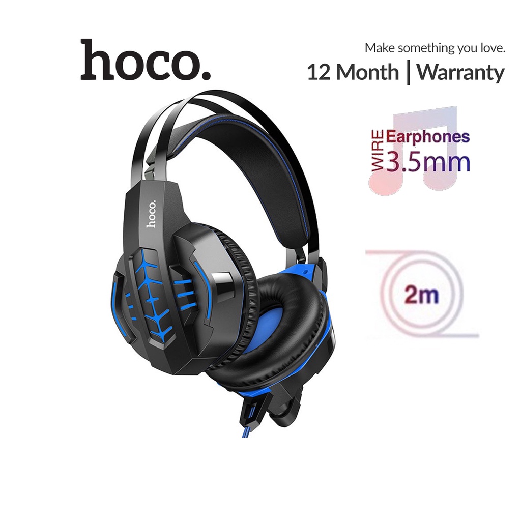 Tai nghe chụp tai Hoco W102 jack 3.5mm 2 cổng cắm 3.5mm+USB-A, đèn LED dài 2M ( Xanh )