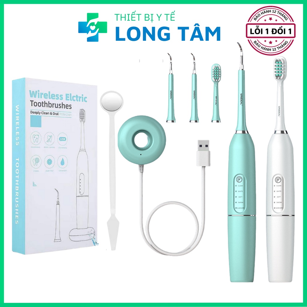 Máy cạo vôi răng tại nhà 2 trong 1 kèm bàn chải điện sạc không dây, máy lấy cao răng tại nhà đa năng HB75