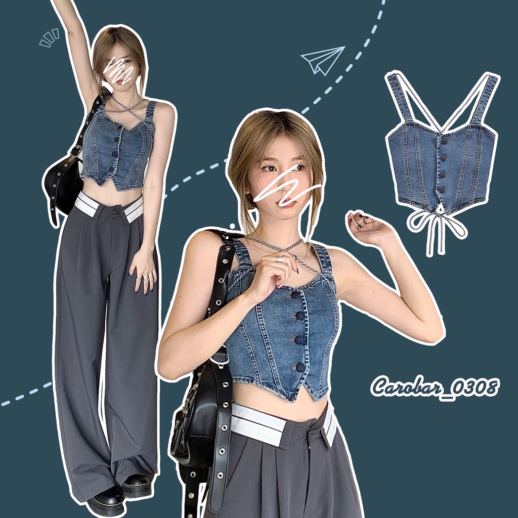SHOP CÓ SẴN Áo denim Niche hai dây bò dây buộc cách điệu phong cách Hàn Quốc