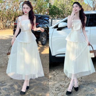 Set đầm váy nữ áo hai dây mix nơ bèo ngực phối chân váy midi voan dài xếp ly tiểu thư dự tiệc dạo phố T771 - YADO
