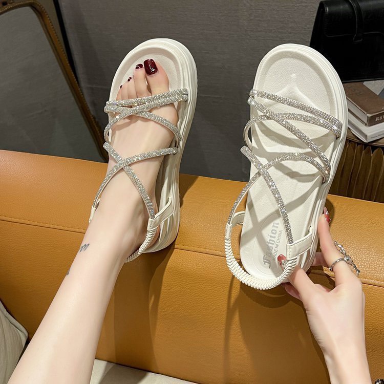 Dép SanDal đế bằng 2 quai ngang nữ đính đá cao cấp, đế cao 4cm, dép quai hậu đi chơi, đi học siêu kute