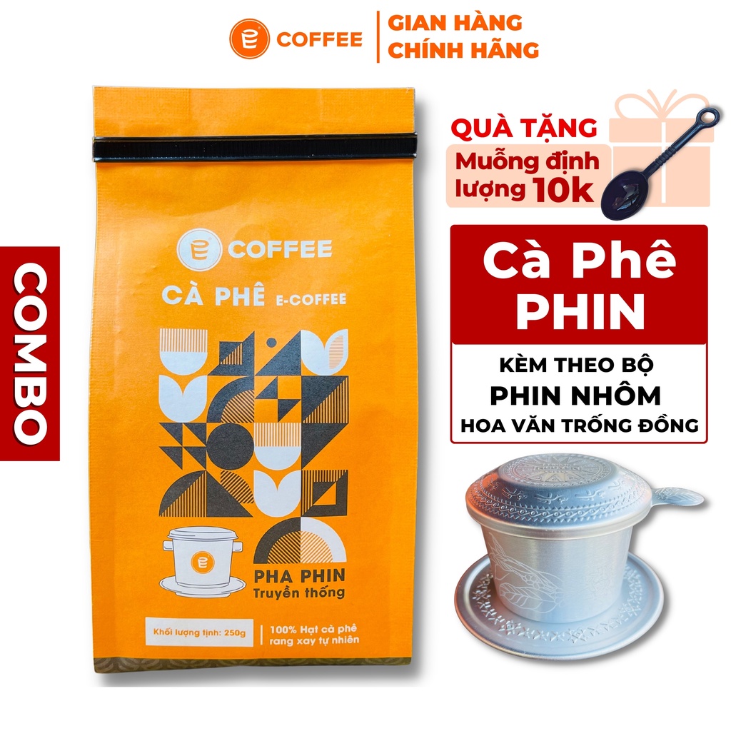 COMBO Cafe nguyên chất pha phin và 01 phin nhôm hoa văn trống đồng, sản phẩm cafe rang mộc chuẩn Gu Việt từ E-Coffee