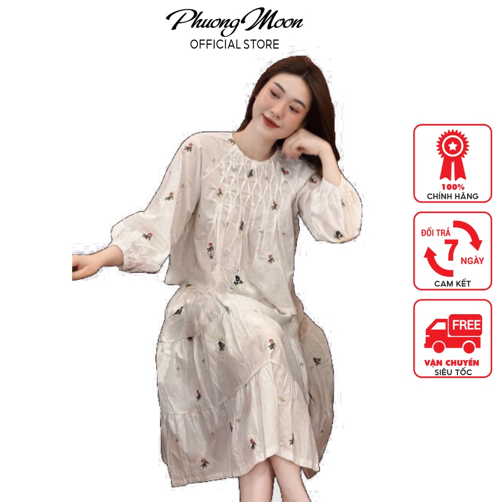 Sét váy nữ thêu hoa nhí PHUONGMOON, chất thô mát nhẹ