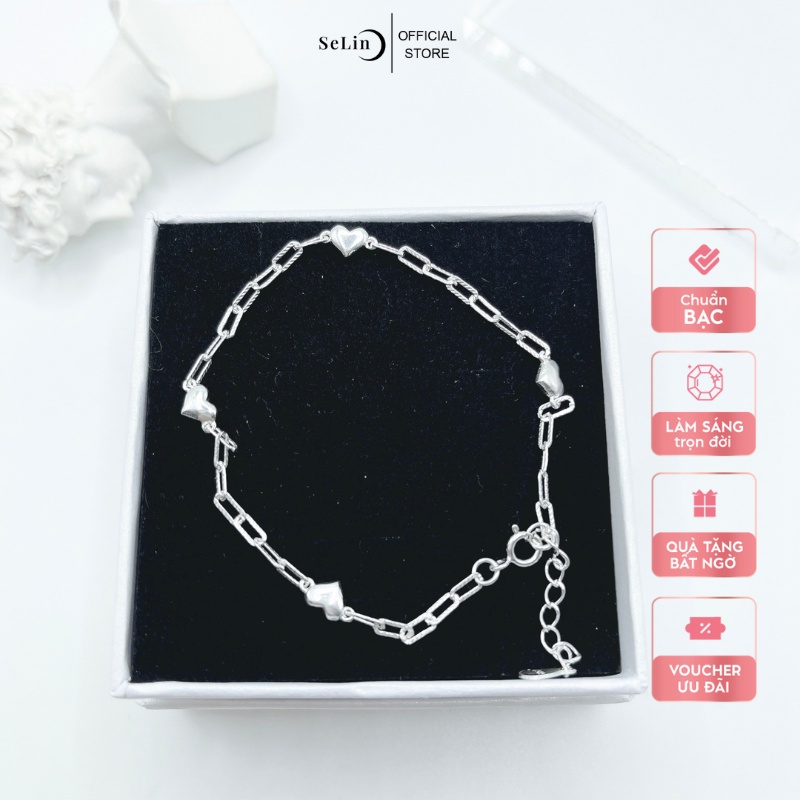 Lắc tay bạc, vòng tay bạc nữ SELIN JEWELRY hình trái tim móc xích nữ tính, đơn giản, trang sức phụ kiện bạc nữ