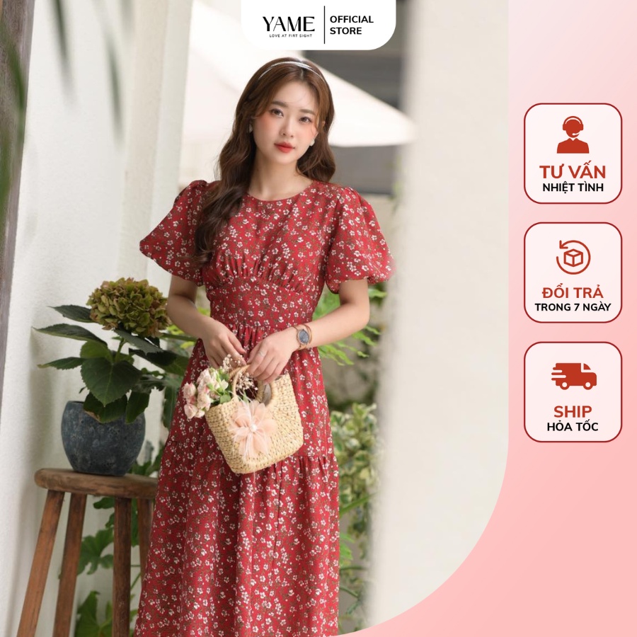 Váy tay bồng dáng dài xoè hai màu đỏ, be VNS02 chất tằm ý cao cấp YAME