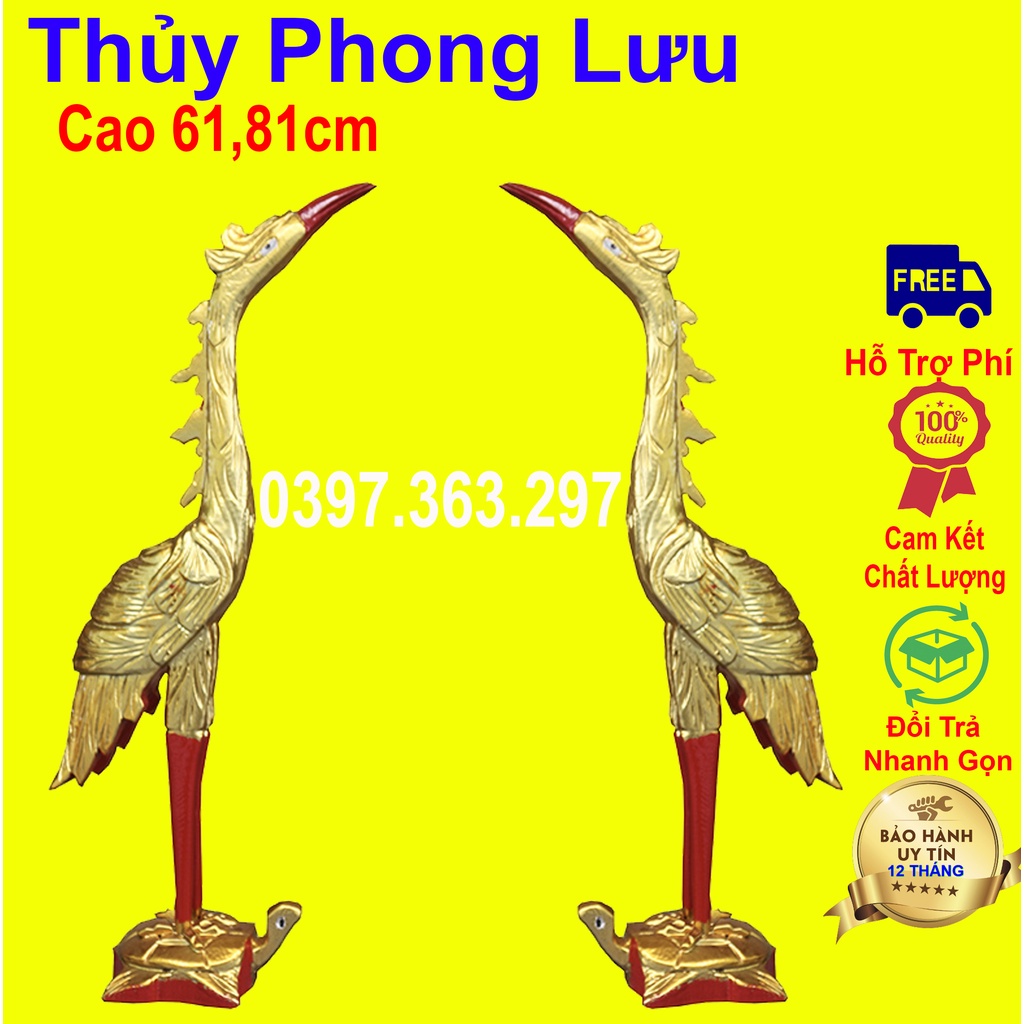 Cặp hạc tiên đôi hạc bàn thờ cúng gỗ mít cao 61,81cm sơn son thếp vàng