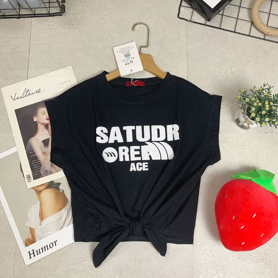 Áo Croptop nữ buộc vạt, áo nhảy rumba dây buộc chất cotton mát thấm hút mồ hôi in chữ Statudr