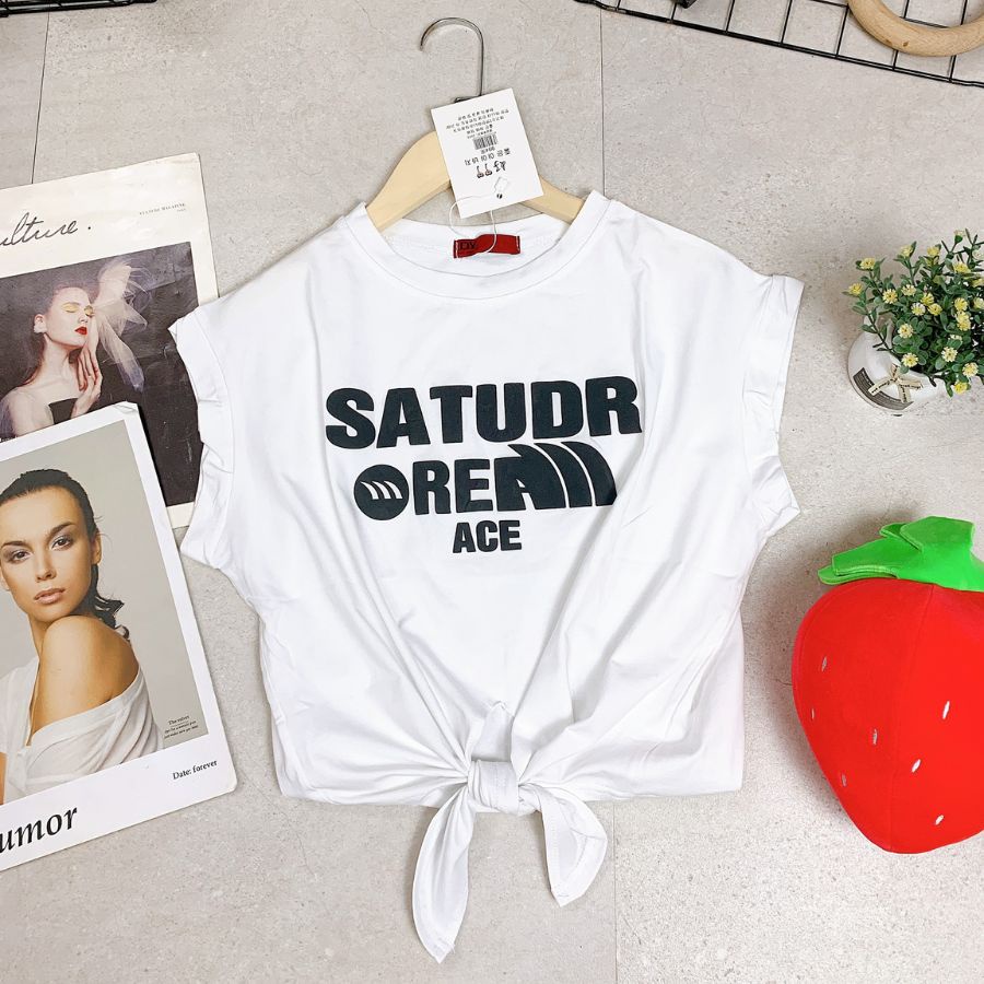 Áo Croptop nữ buộc vạt, áo nhảy rumba dây buộc chất cotton mát thấm hút mồ hôi in chữ Statudr