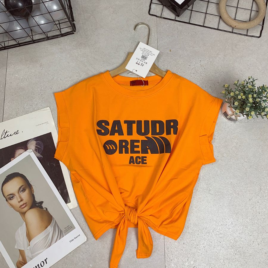 Áo Croptop nữ buộc vạt, áo nhảy rumba dây buộc chất cotton mát thấm hút mồ hôi in chữ Statudr