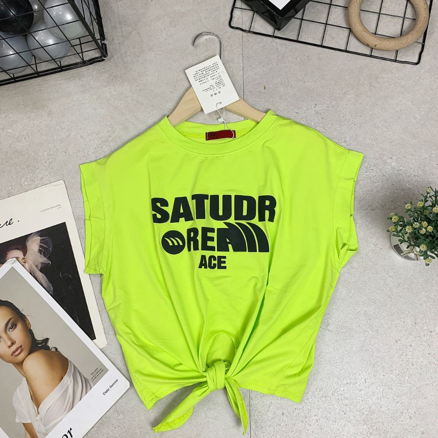 Áo Croptop nữ buộc vạt, áo nhảy rumba dây buộc chất cotton mát thấm hút mồ hôi in chữ Statudr