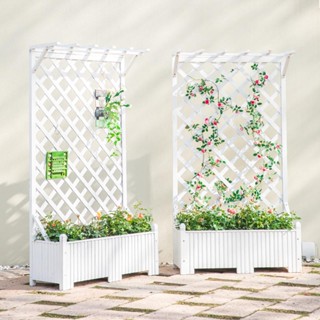 Kệ cây cảnh có bồn trồng cây và giá treo chậu hoa, có vách cho các loại cây dây leo làm hàng rào sân vườn, quán cafe