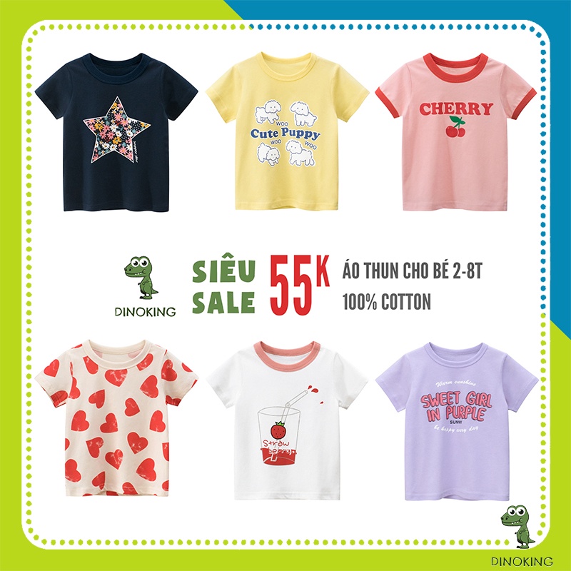 Áo thun cho bé gái DINOKING Áo phông trẻ em cộc tay mùa hè chất cotton 100% mềm mịn thoáng mát cho bé 2 - 8 tuổi AT15