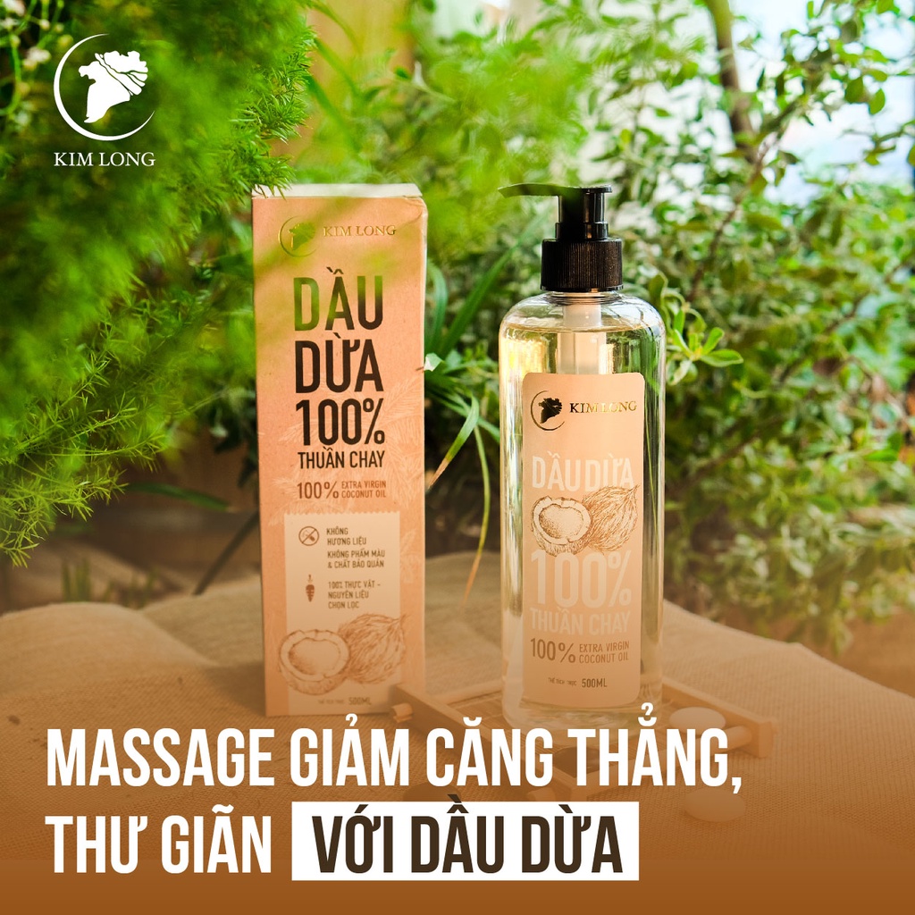 500ml - Dầu Dừa Kim Long nguyên chất 100% - Thuần chay - Hỗ trợ dưỡng da, dưỡng tóc, dưỡng môi, ngừa rạn da