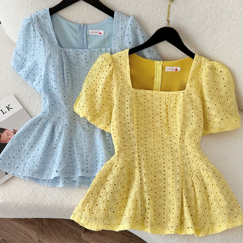 Áo nữ bigsize, áo cổ vuông peplum tay phồng ren thêu màu mát mùa hè