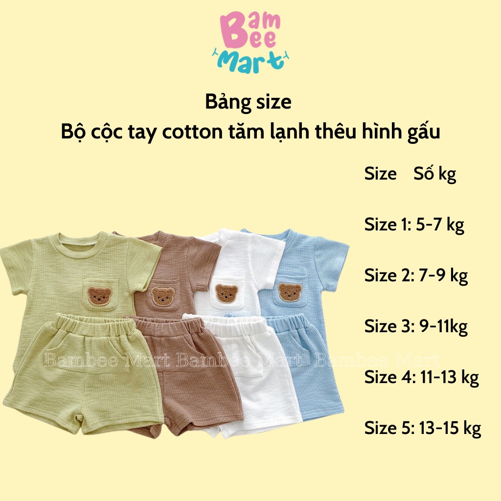 Bộ cộc tay cotton tăm lạnh thêu hình gấu dễ thương cho bé trai bé gái B02