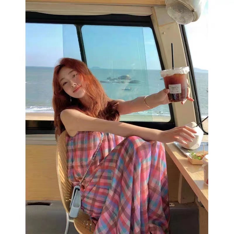 IMAODOU Đầm hai dây  midi dáng rộng kẻ sọc caro thời trang mới mùa hè 2023 cho nữ