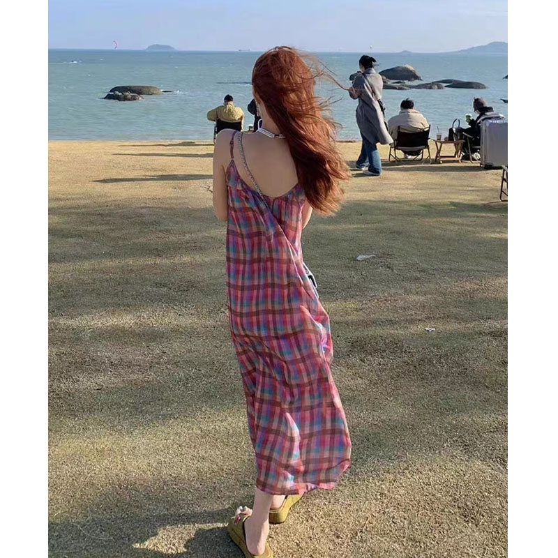 IMAODOU Đầm hai dây  midi dáng rộng kẻ sọc caro thời trang mới mùa hè 2023 cho nữ