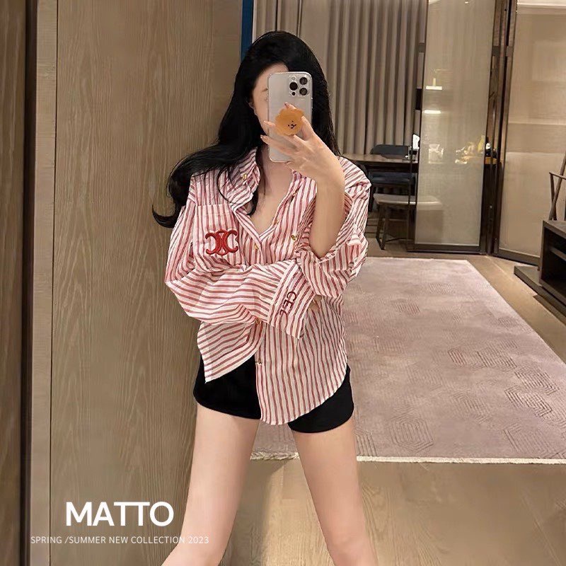 Áo phông Celi.ne sọc hồng trắng siêu cưng