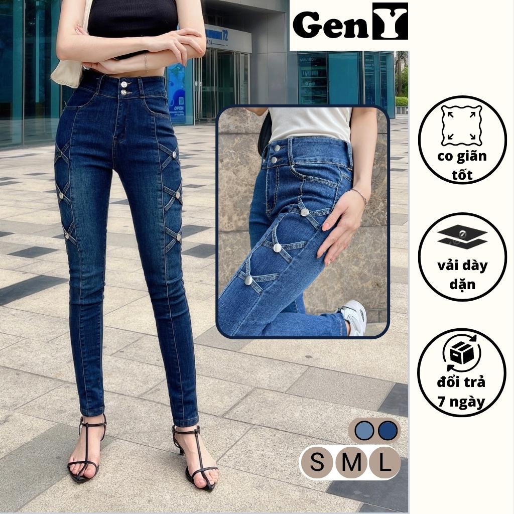 Quần jesn nữ GenY lưng cao ôm body đẹp vải co dãn cao cấp, Quần dài nữ 2 cúc họa tiết đan chéo 2 bên sườn cực xinh