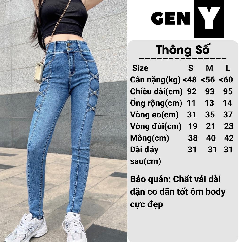 Quần jesn nữ GenY lưng cao ôm body đẹp vải co dãn cao cấp, Quần dài nữ 2 cúc họa tiết đan chéo 2 bên sườn cực xinh