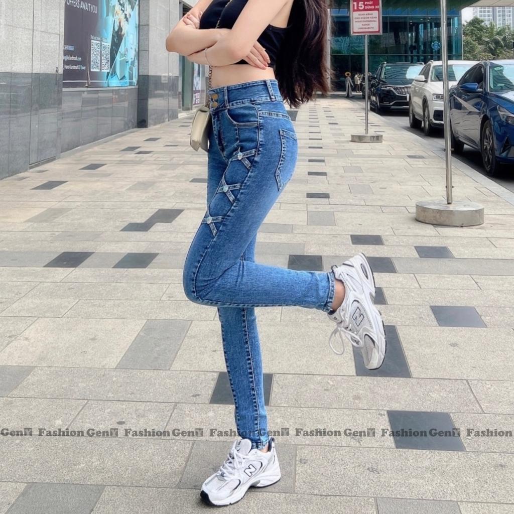 Quần jesn nữ GenY lưng cao ôm body đẹp vải co dãn cao cấp, Quần dài nữ 2 cúc họa tiết đan chéo 2 bên sườn cực xinh