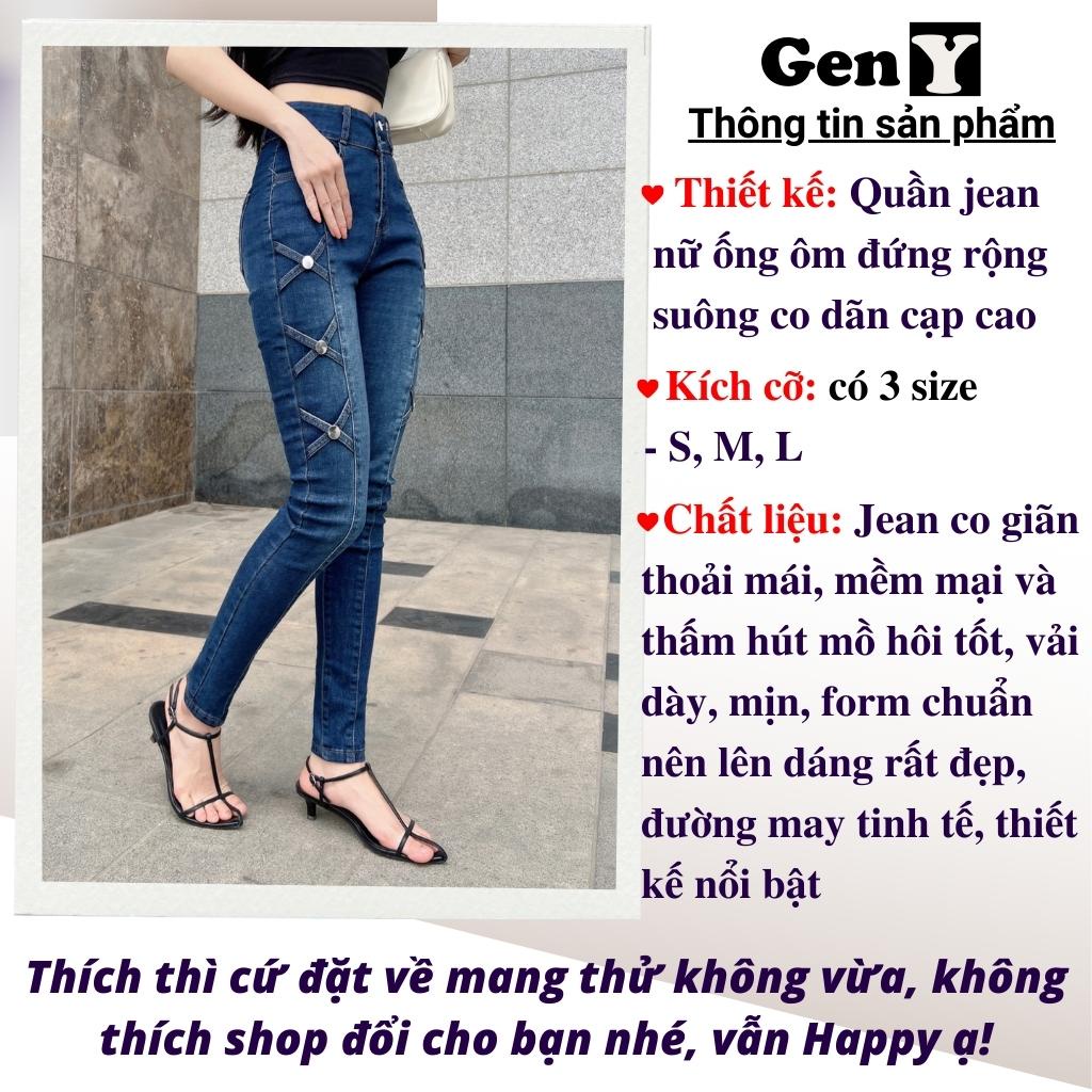 Quần jesn nữ GenY lưng cao ôm body đẹp vải co dãn cao cấp, Quần dài nữ 2 cúc họa tiết đan chéo 2 bên sườn cực xinh