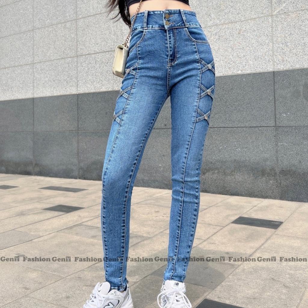 Quần jesn nữ GenY lưng cao ôm body đẹp vải co dãn cao cấp, Quần dài nữ 2 cúc họa tiết đan chéo 2 bên sườn cực xinh