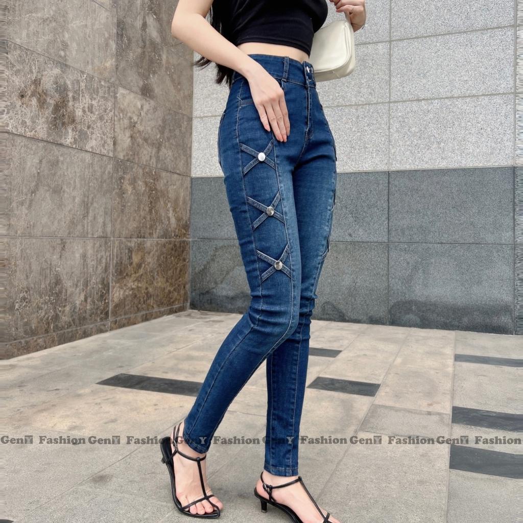 Quần jesn nữ GenY lưng cao ôm body đẹp vải co dãn cao cấp, Quần dài nữ 2 cúc họa tiết đan chéo 2 bên sườn cực xinh
