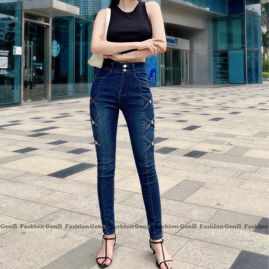 Quần jesn nữ GenY lưng cao ôm body đẹp vải co dãn cao cấp, Quần dài nữ 2 cúc họa tiết đan chéo 2 bên sườn cực xinh