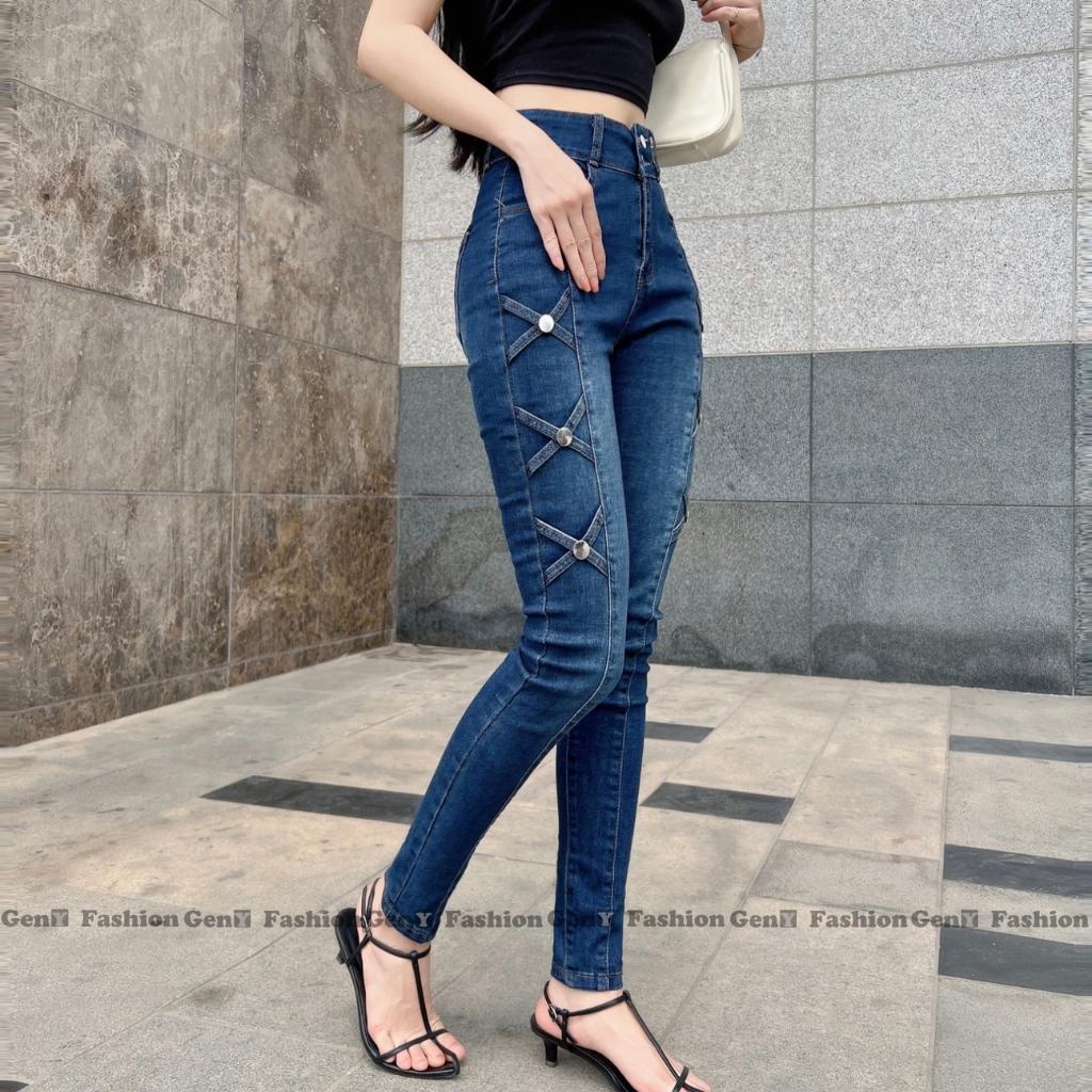 Quần jesn nữ GenY lưng cao ôm body đẹp vải co dãn cao cấp, Quần dài nữ 2 cúc họa tiết đan chéo 2 bên sườn cực xinh