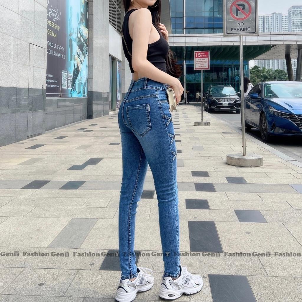 Quần jesn nữ GenY lưng cao ôm body đẹp vải co dãn cao cấp, Quần dài nữ 2 cúc họa tiết đan chéo 2 bên sườn cực xinh