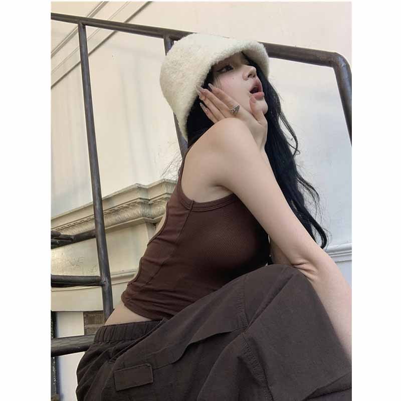 Áo Dệt Kim Sát Nách Dáng Chữ I Khoét Vai Màu Nâu Cho Nữ