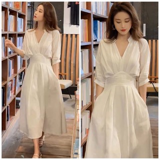 Đầm midi trắng cổ trụ cánh dơi (kèm hình thật)
