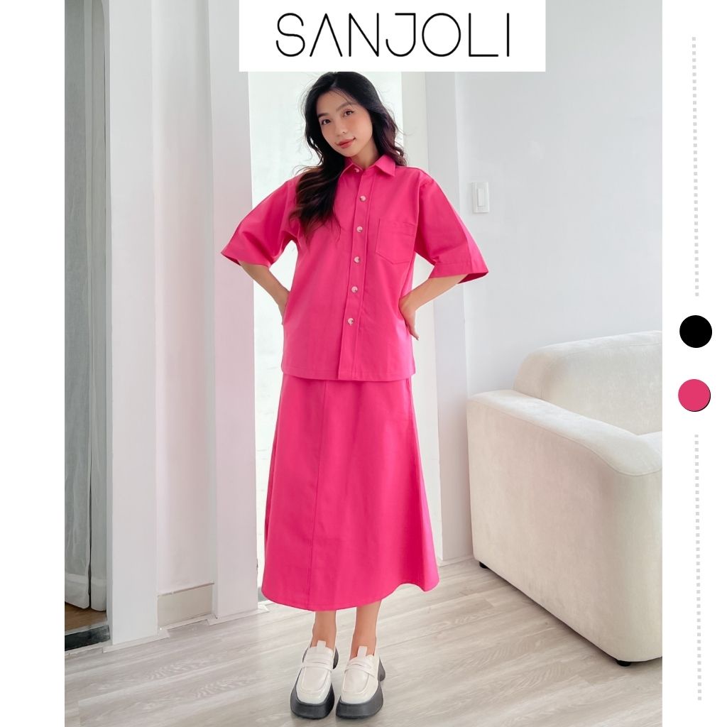 Set áo sơ mi nữ tay lỡ Sanjoli phối kèm chân váy chữ a maxi dáng dài công sở kiểu Hàn Quốc vintage màu hồng đen VD010