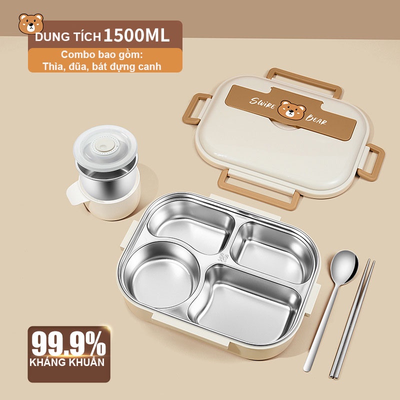 Hộp Đựng Cơm Swire Bear 4 Ngăn Dung Tích 1500ml Tặng Kèm Túi và Bộ Đũa Thìa Bảo Hành 6 Tháng HC08