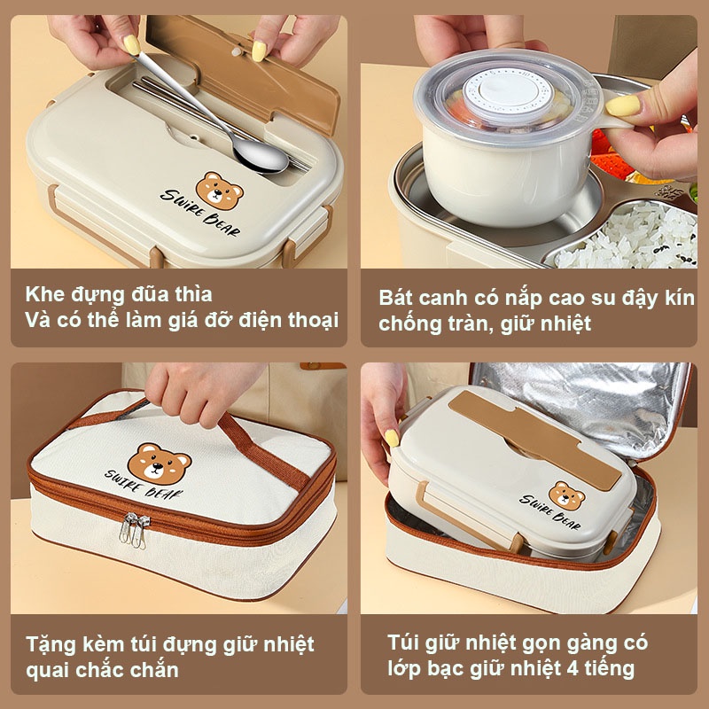 Hộp Đựng Cơm Swire Bear 4 Ngăn Dung Tích 1500ml Tặng Kèm Túi và Bộ Đũa Thìa Bảo Hành 6 Tháng HC08