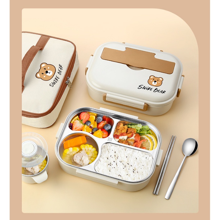 Hộp Đựng Cơm Swire Bear 4 Ngăn Dung Tích 1500ml Tặng Kèm Túi và Bộ Đũa Thìa Bảo Hành 6 Tháng HC08