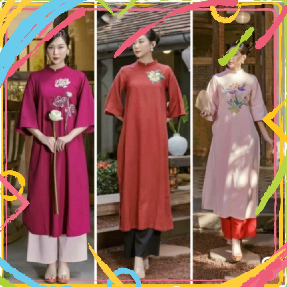 Áo dài cách tân dáng xuông lụa mỹ cao cấp đính hoa thêu
