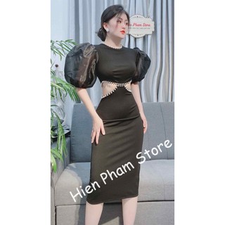 Đầm body tay lưới phồng viền cổ đính hạt châu khoét eo sang chảnh sexy DN7546