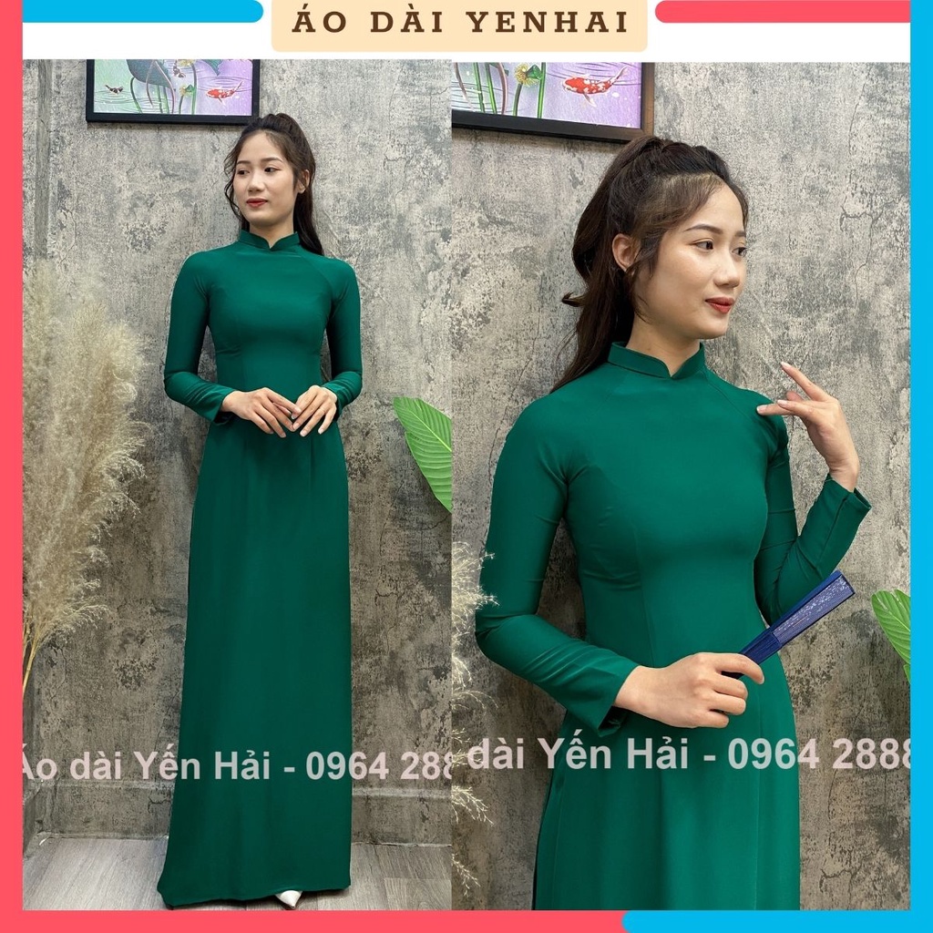Áo dài truyền thống trơn màu xanh rêu đậm chất lụa Mỹ co giãn mềm mịn đẹp | B13-kenz