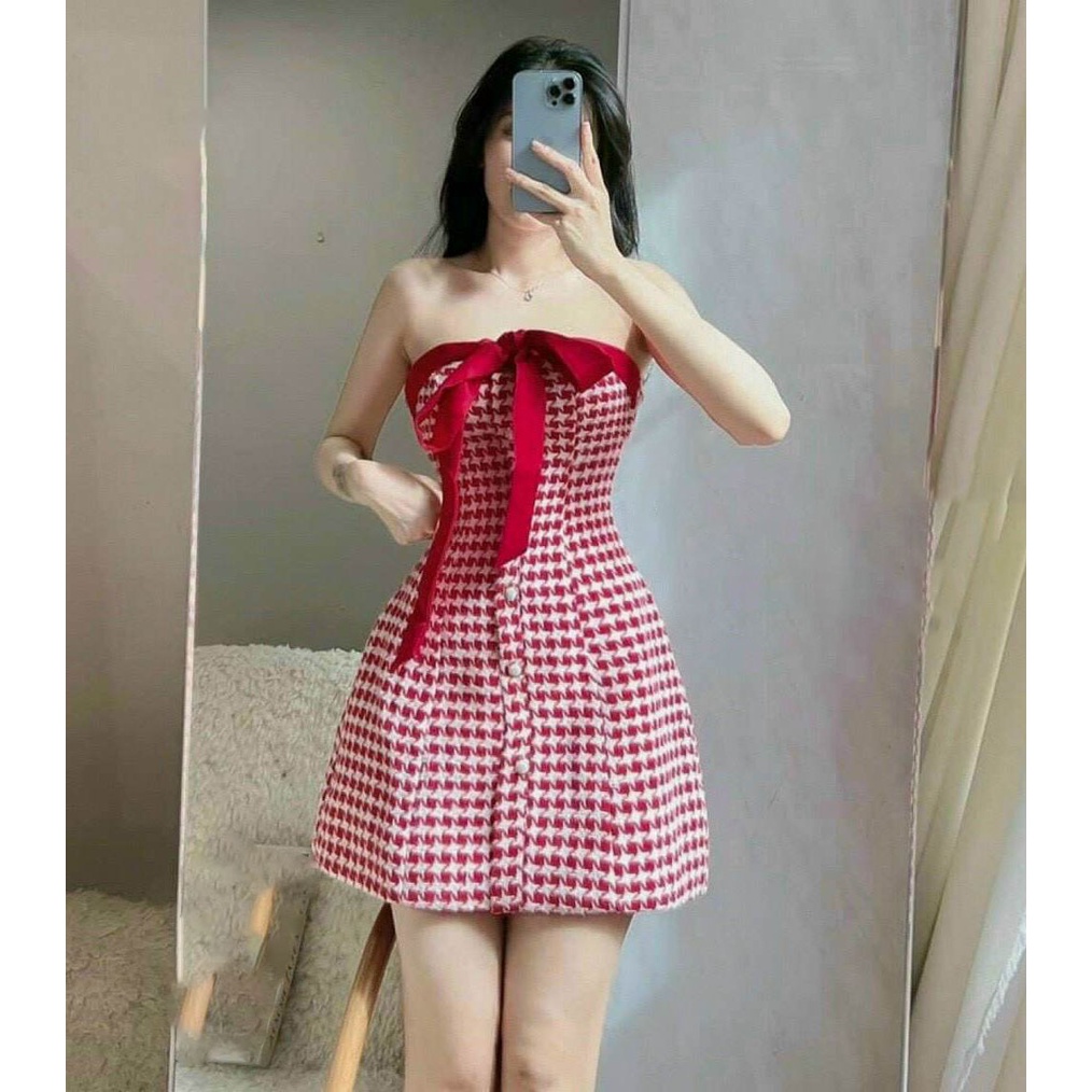 Đầm nữ trễ vai caro thích hợp đi tiêc, đi chơi