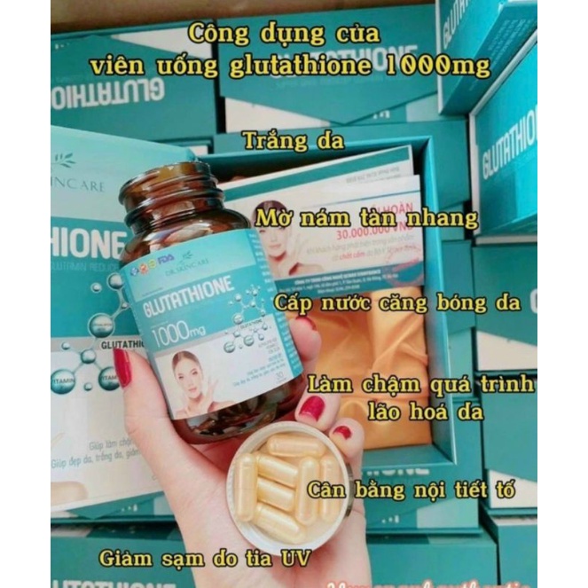 Viên Uống GLUTATHIONE 1000mg Viên uống trắng da giảm nám mờ nhăn chống lão hoá chính hãng